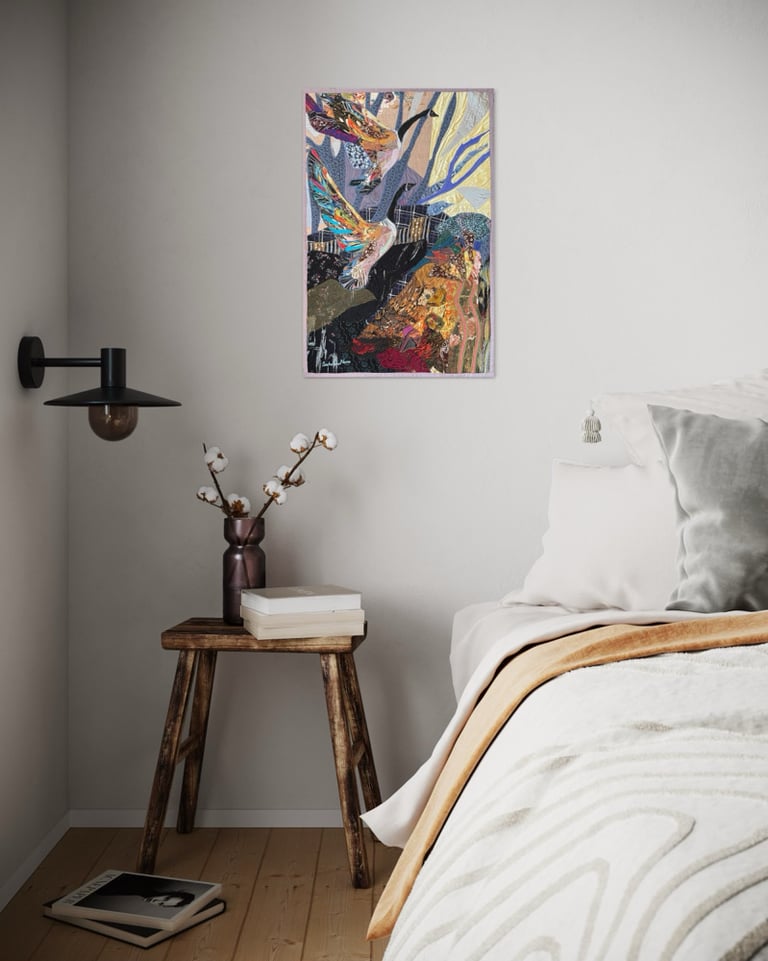 "Let's fly on" - 73x48 cm, art quilt with birds Image 9