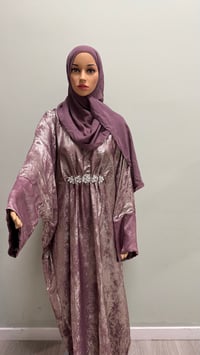 Image 5 of Korean shimmer fabric Puff sleeves butterfly Abaya sparkling magenta comes with a matching scarf 