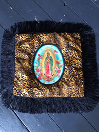 Image 1 of Leopard Virgin De Guadalupe Cushion Cover with black or gold fringe