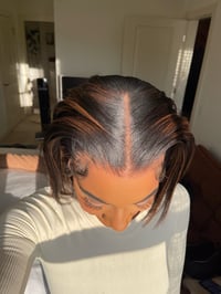 Image 7 of 10 inch BLUNT CUT YAKI HD LACE FRONT WIG with AUBURN HIGHLIGHTS