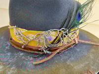 Image 4 of Handmade Torch Burned Yellow Fedora Hat, Yellow, Silver and Peacock Feather Band 