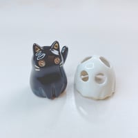 Image 2 of Black Kitty Cat With Ghost Mask Ceramic Figurine (tiny hole for flower)