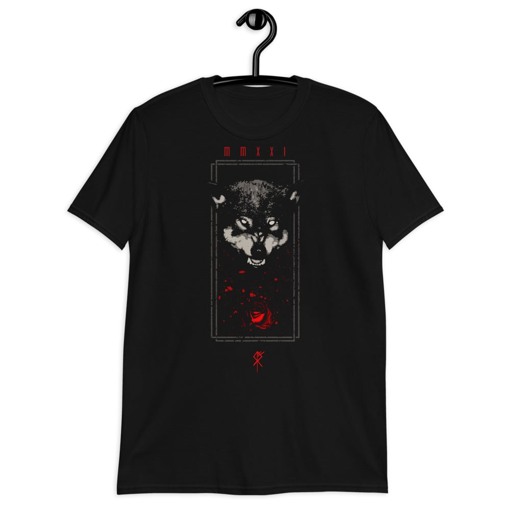 Image of Wolf Blood Viking T shirt / Unisex Black T-shirt / Wolf and rose / Viking Rune