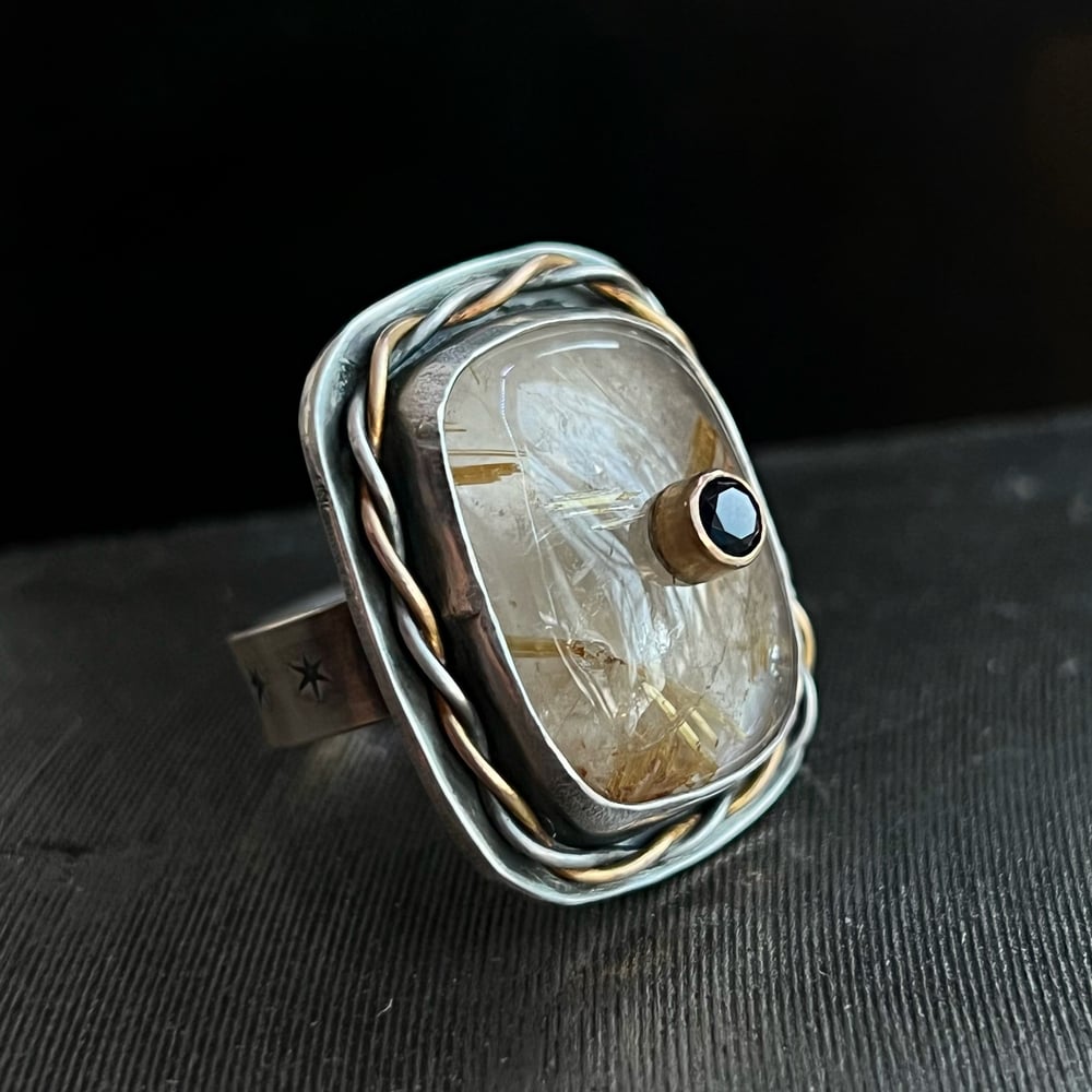 Image of Sapphire & Golden Rutilated Quartz Stacked Stone Ring with 14k Gold Setting Accent