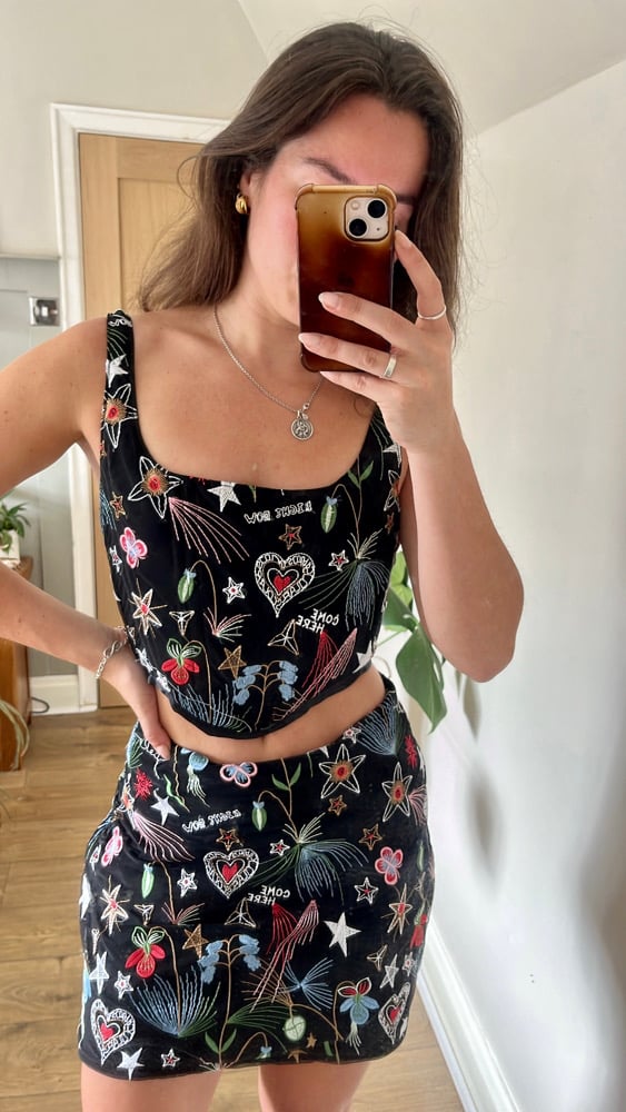 Stars, flowers, constellations, and hearts embroidered tulle Velvet handmade corset