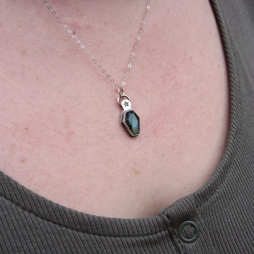 Eternal Rest Labradorite Coffin Pendant Sterling Silver - Pentagram