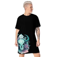 Image 1 of Colorful Floral Bull Skull on Black T-shirt dress