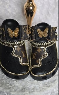 Image 1 of Size 9 two tone classic black crocs with distressed denim 