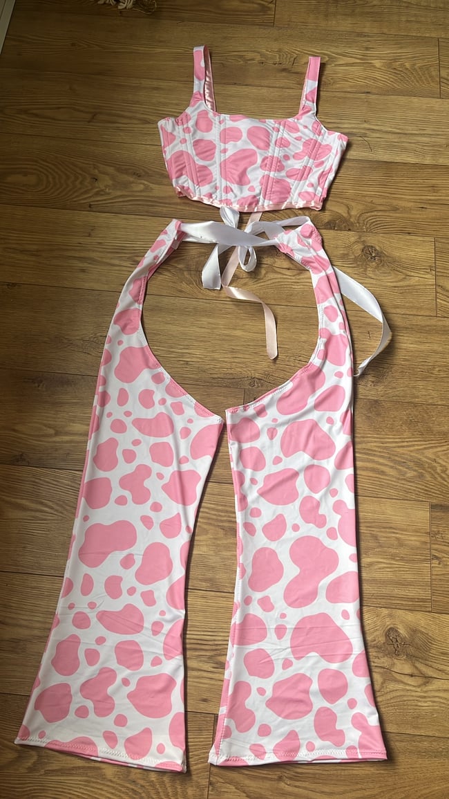 Milkshake cow print sustainable spandex chaps