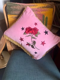 Image 2 of Pink velvet, red rose cushion with stars and gold fringe