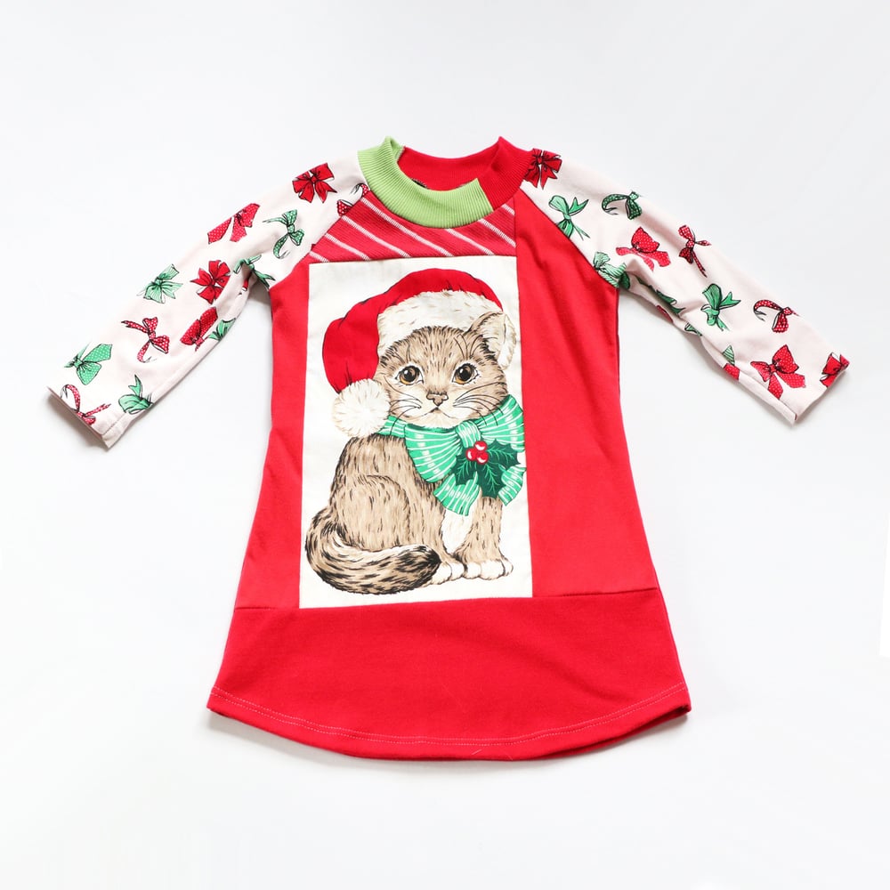Image of christmas kitty kitten meow bow present 2T long sleeve courtneycourtney dress red bows