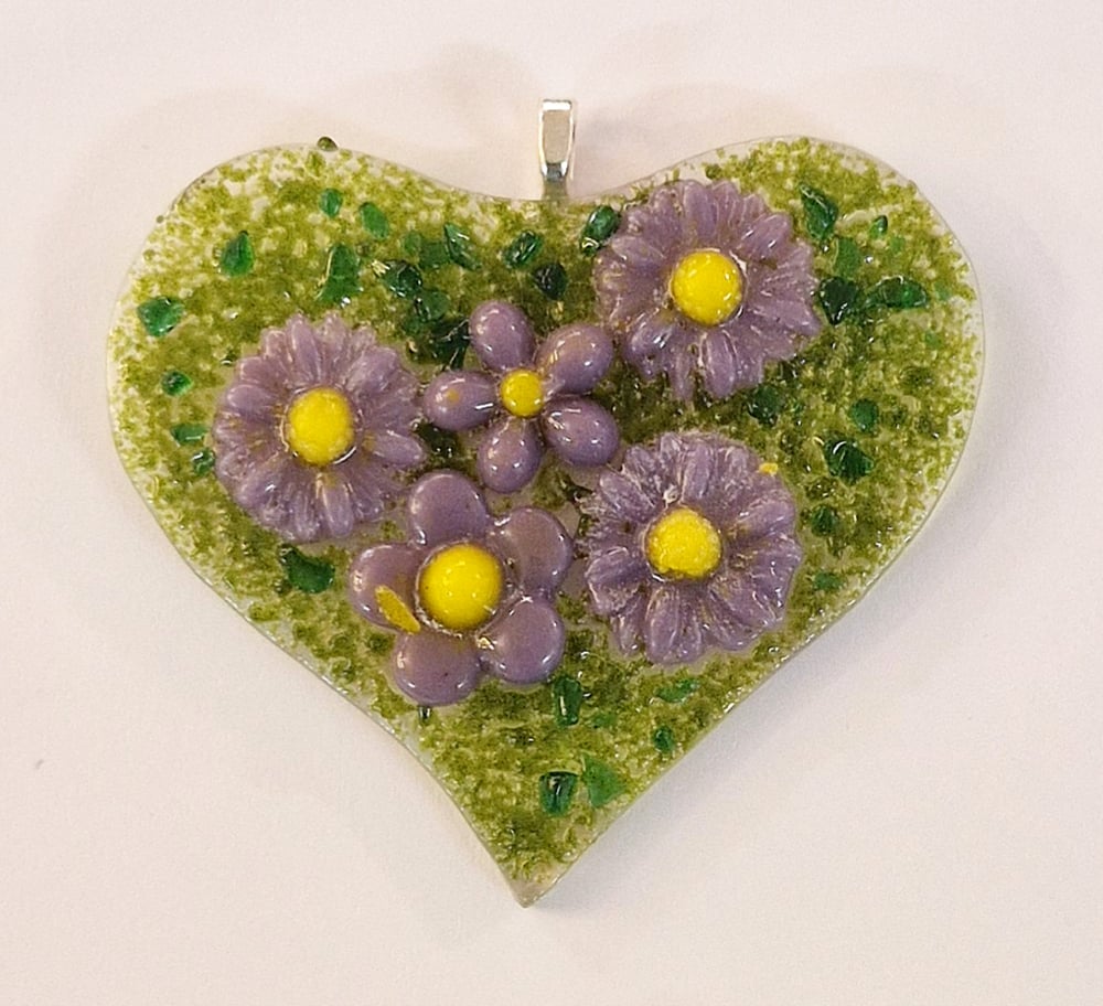 Image of Fused Glass Purple Flower Heart