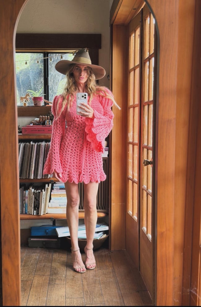 1960s pink crochet leg of mutton poet sleeve mini dress