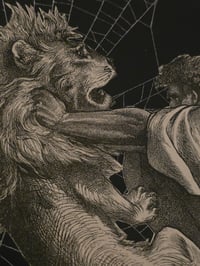 Image 3 of “Samson and the lion” 1800s Bible page with preserved web