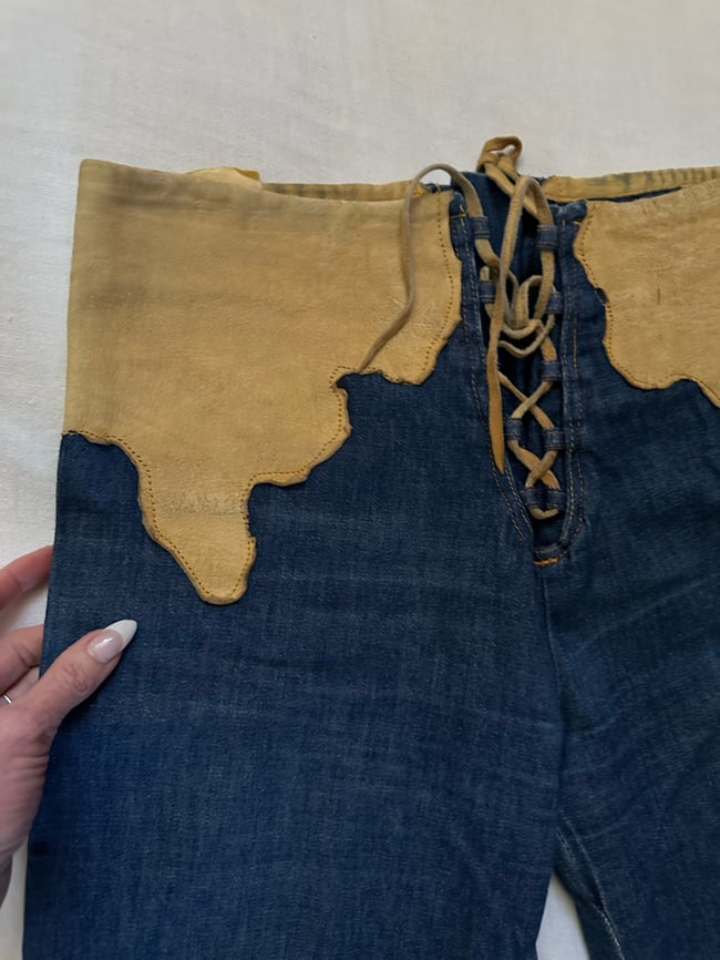 early 1970s leather and denim lace up bell bottom jeans