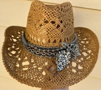 Image 1 of Brown Open Weave Cowboy Hat Layered Silver Chain and Crystal Band