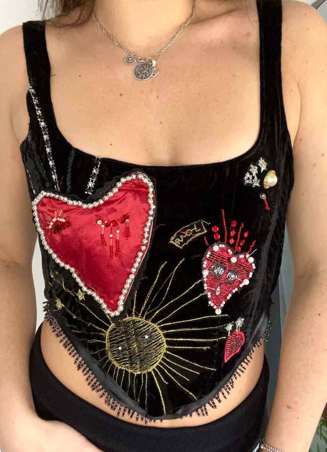 Handmade Heavy Embellished Heart Valentines Velvet Corset