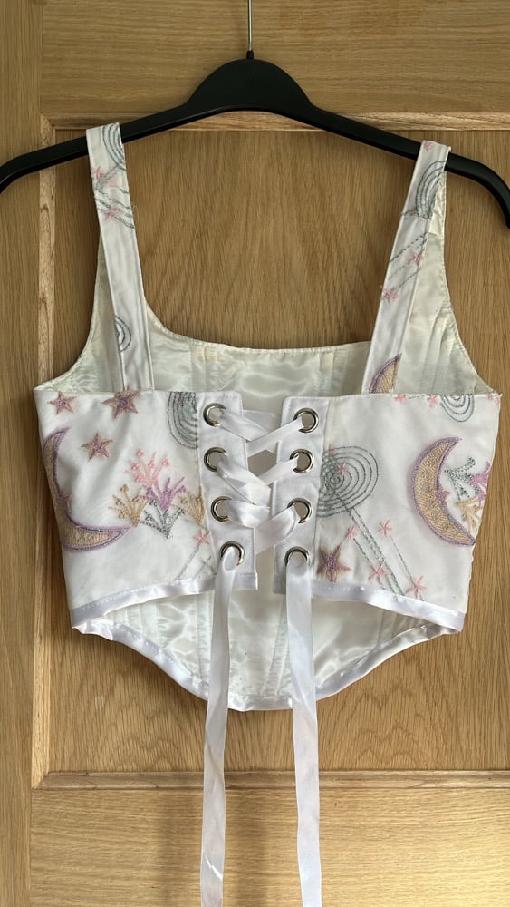 Moons, Stars and planet embroidered tulle Velvet handmade White corset