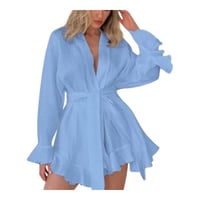 Image 5 of White Long Sleeve Pajama Nightgown with Tie Waist and V-Neckline for Loungewear and Nightwear