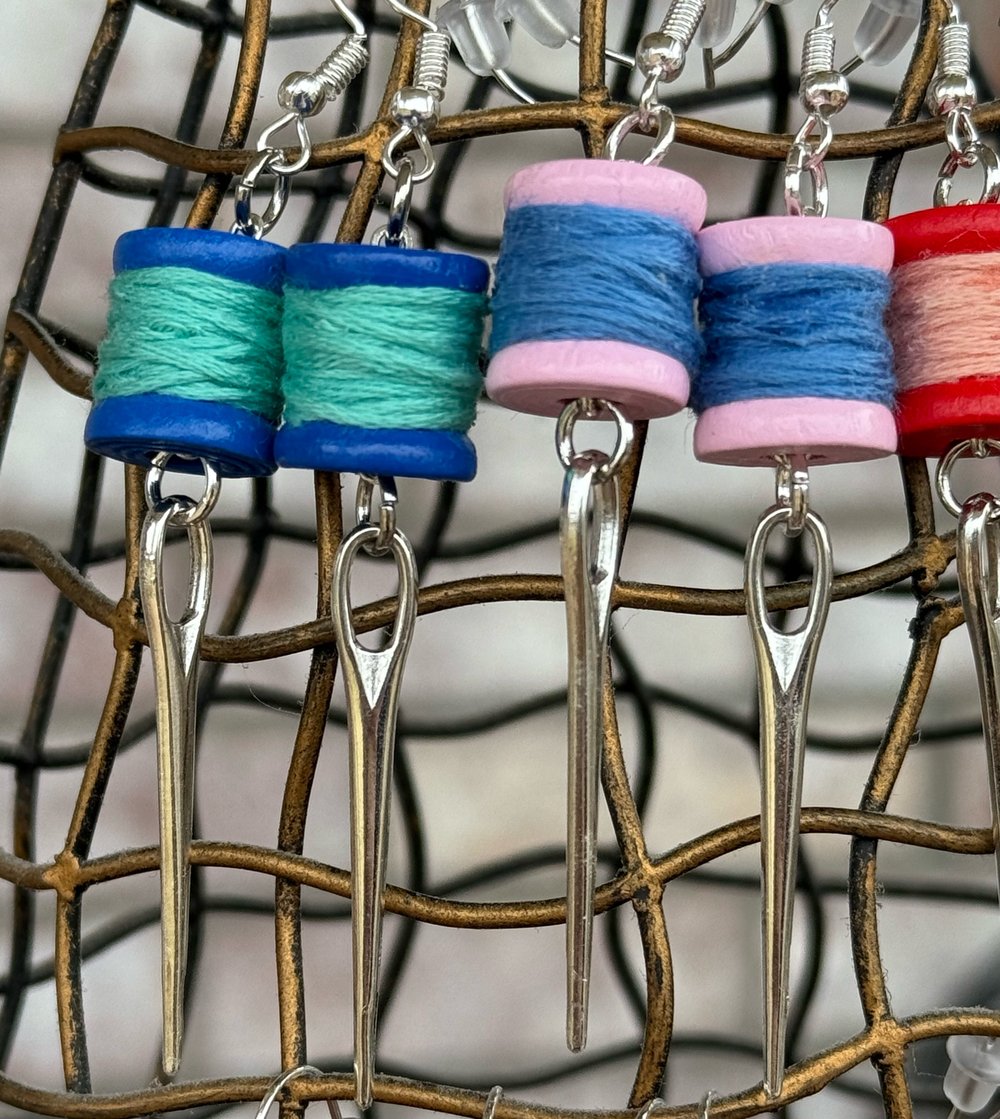 Image of Mini Thread Spool & Sewing Needle Earrings
