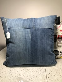 Image 2 of Upcycled “Exorcist” t-shirt pillow w/salvaged denim