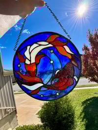 Image 1 of Koi Fish Stained-Glass Window Panel - Blue Water Circle Window Hanging with Orange and White Koi