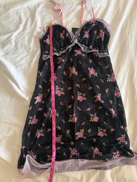 Image 6 of Vintage Y2K black floral mini dress with baby pink ruffle and under bust detail 