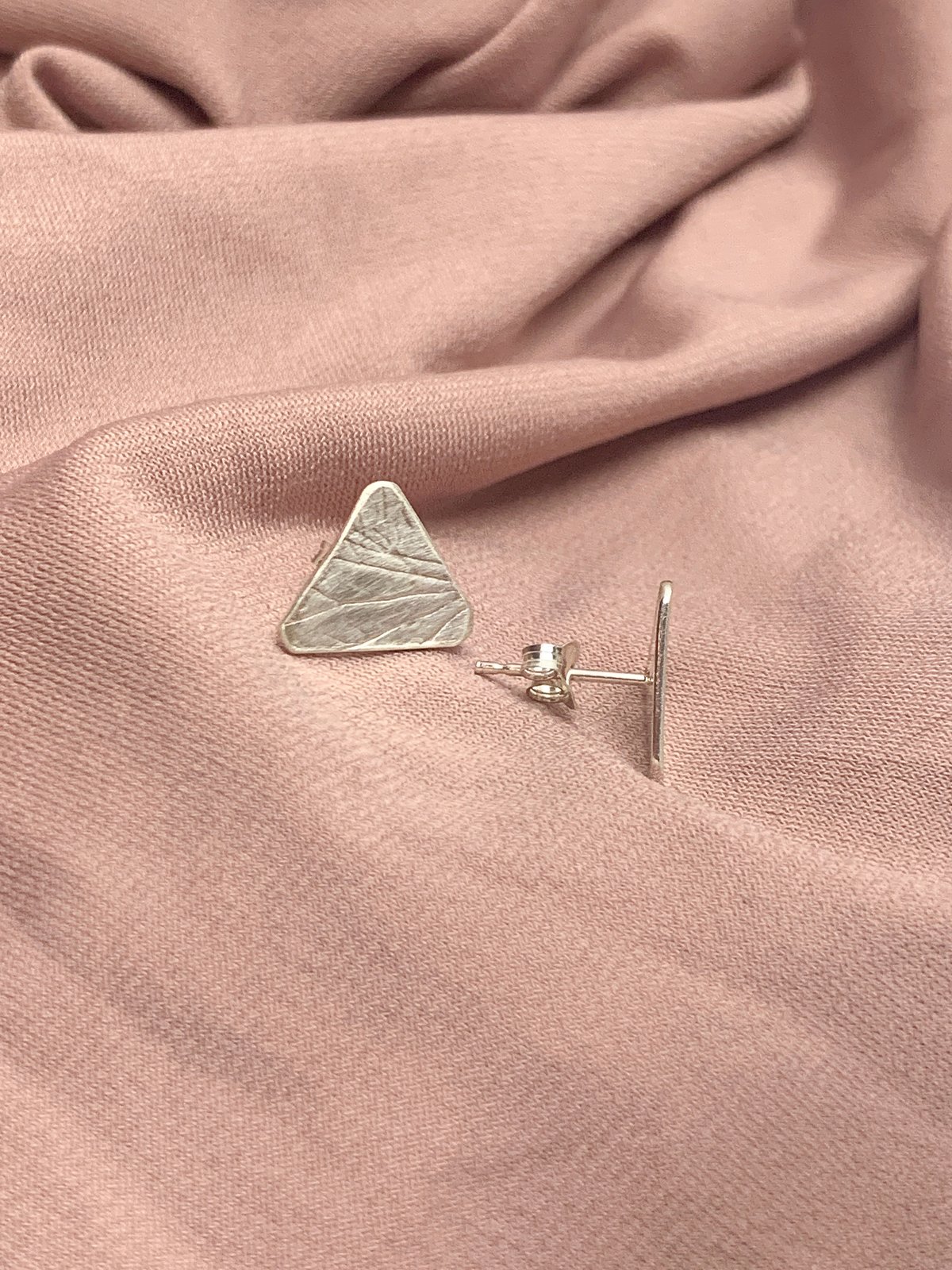 Image of Recycled sterling silver triangle stud earrings with hydrangea petal imprint