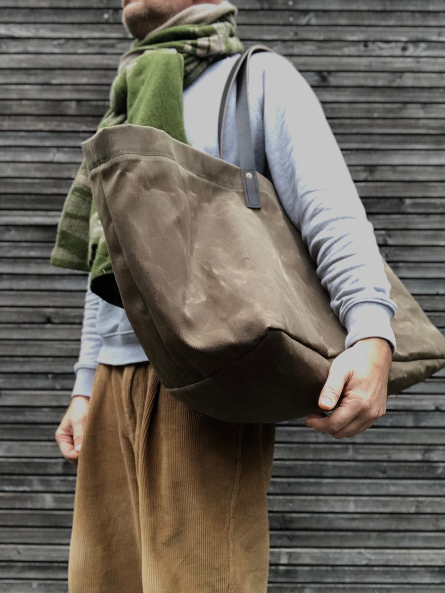 Image of Large waxed canvas tote bag with leather handles / canvas market bag / carry all bag COLLECTION UNIS