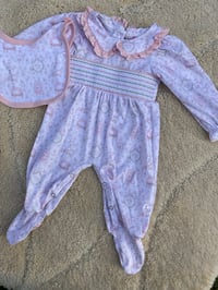 Image 1 of smocked baby girl sleepsuit and bib set 