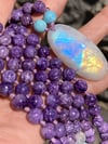 Charoite Mala with Larimar and Rainbow Moonstone, Charoite 108 Bead Hand Knotted Japa Mala