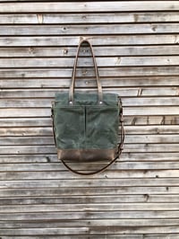 Image 2 of Forest green waxed canvas tote bag / office bag with leather bottom and cross body strap