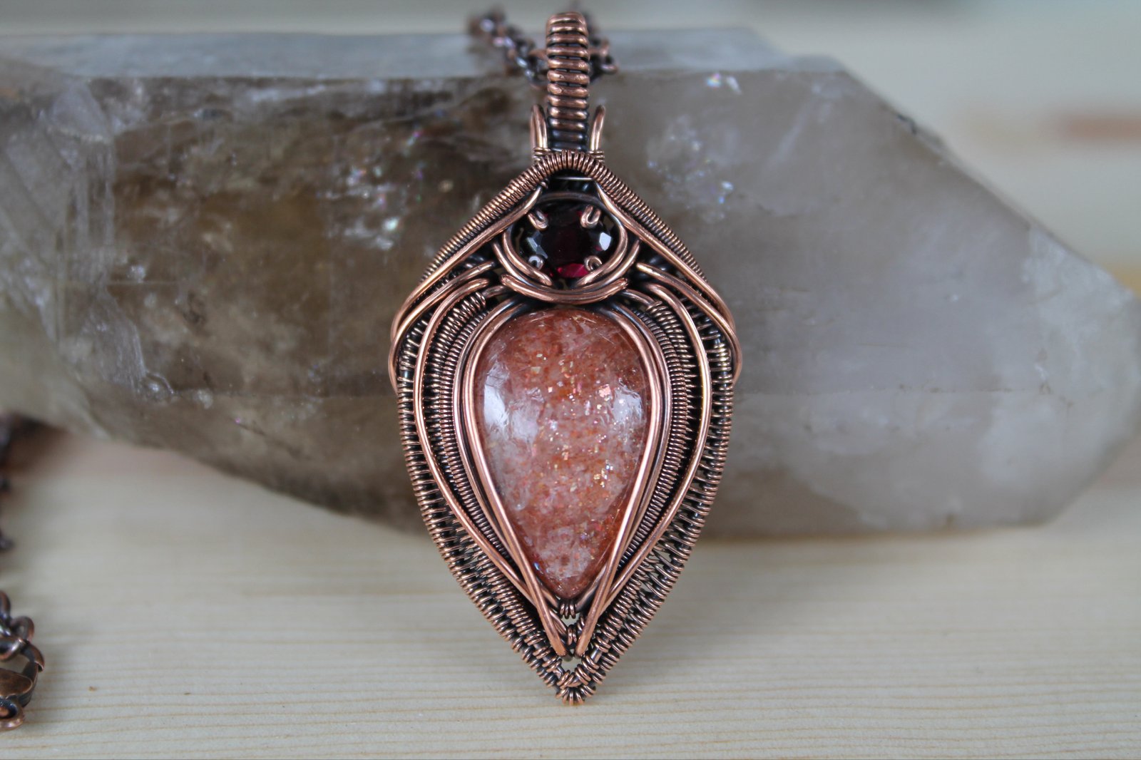 Copper pendant 2024 Garnets - handmade wire w