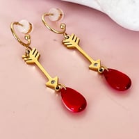 Image 3 of Arrow and Red Glass Droplet Half Hoops - Gold