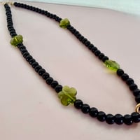 Image 6 of Black glass bead and green glass flower necklace with carabiner and heart 