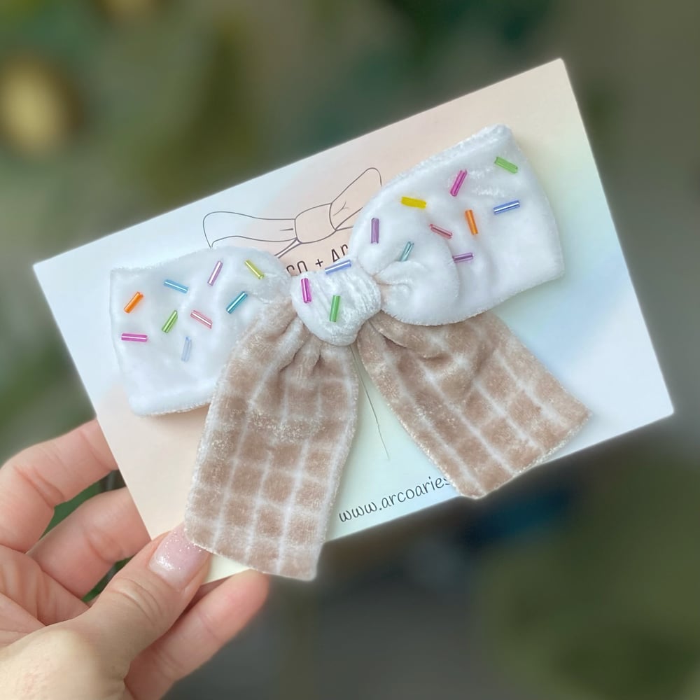 Image of Pastel Sprinkle cone custom dyed and embellished silk velvet bows