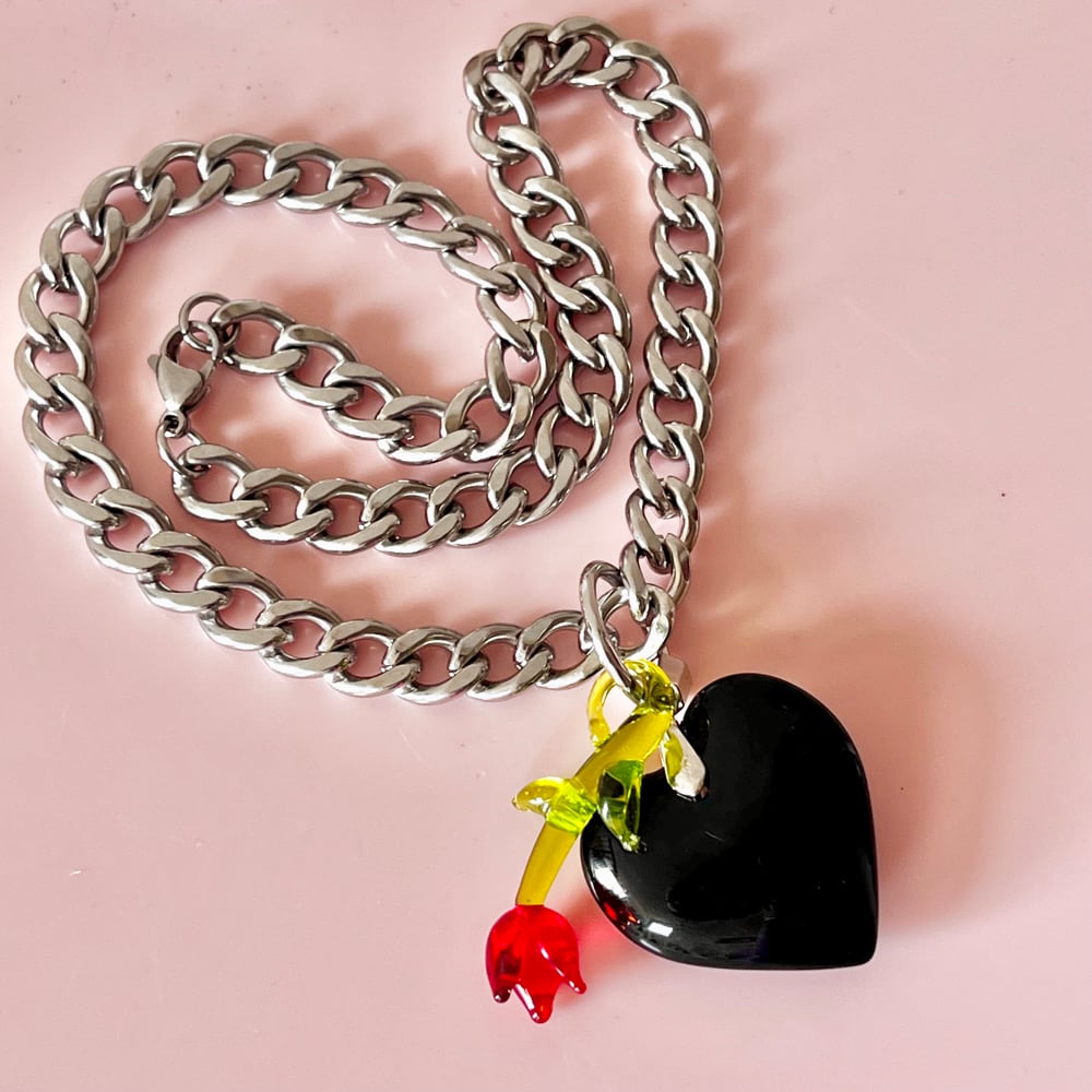 Image of Chunky Black Glass Heart and Glass Rose Necklace