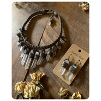 Image 1 of The Empress Necklace and Earrings - Clear Quartz Crystals and Olive Green Leather