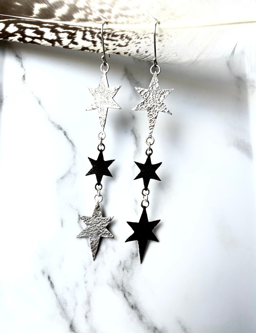 Handmade Silver Cosmic Triple Star Dangly Earrings. Celestial Silver Starry Earrings