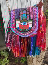 Image 1 of FRILL MINI body cross Sari bag with ruffles - detachable strap wear on waist too-Hamsa hand2