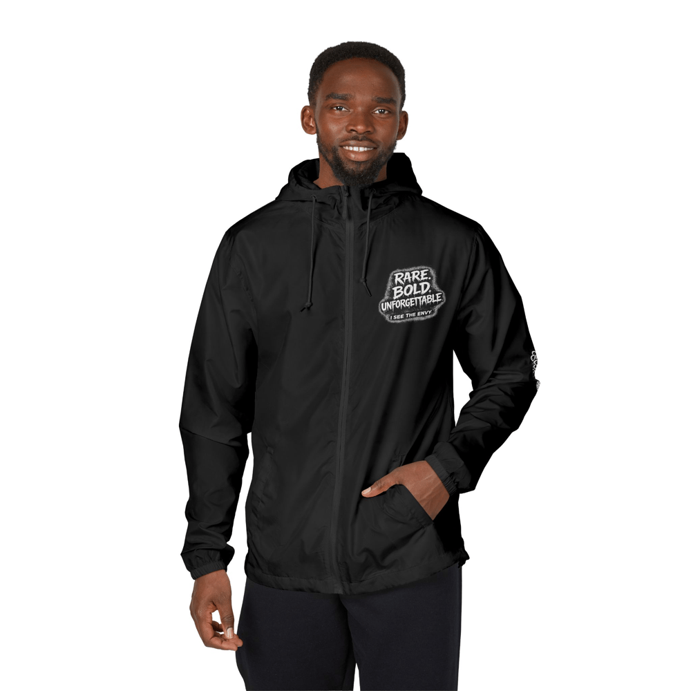 Image of Unisex Windbreaker Jacket — "Built From Envy" Black Graphic Hooded Windbreaker