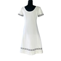 Image 4 of White Textured Button Front A Line Shift Style Dress with Trim -60s Mod - L