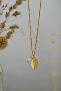 Image 3 of Gold Vermeil Leaf Necklace with linen texture  on 18 Inch Spiga Chain