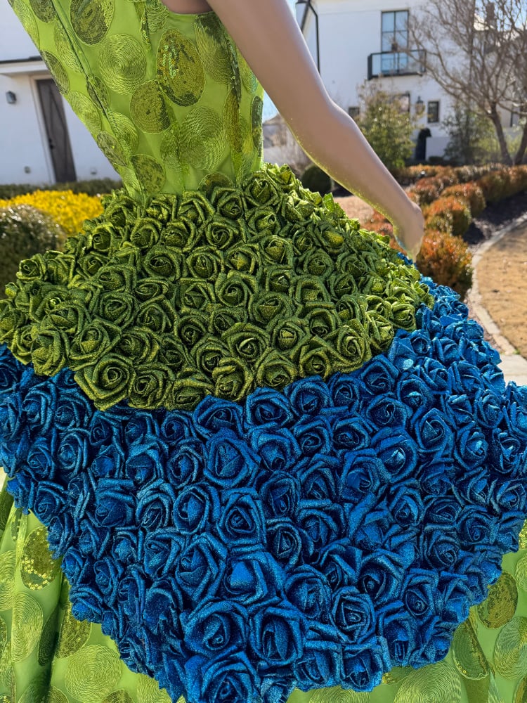 Image of Green & Blue Glitter Rose Prom Dress