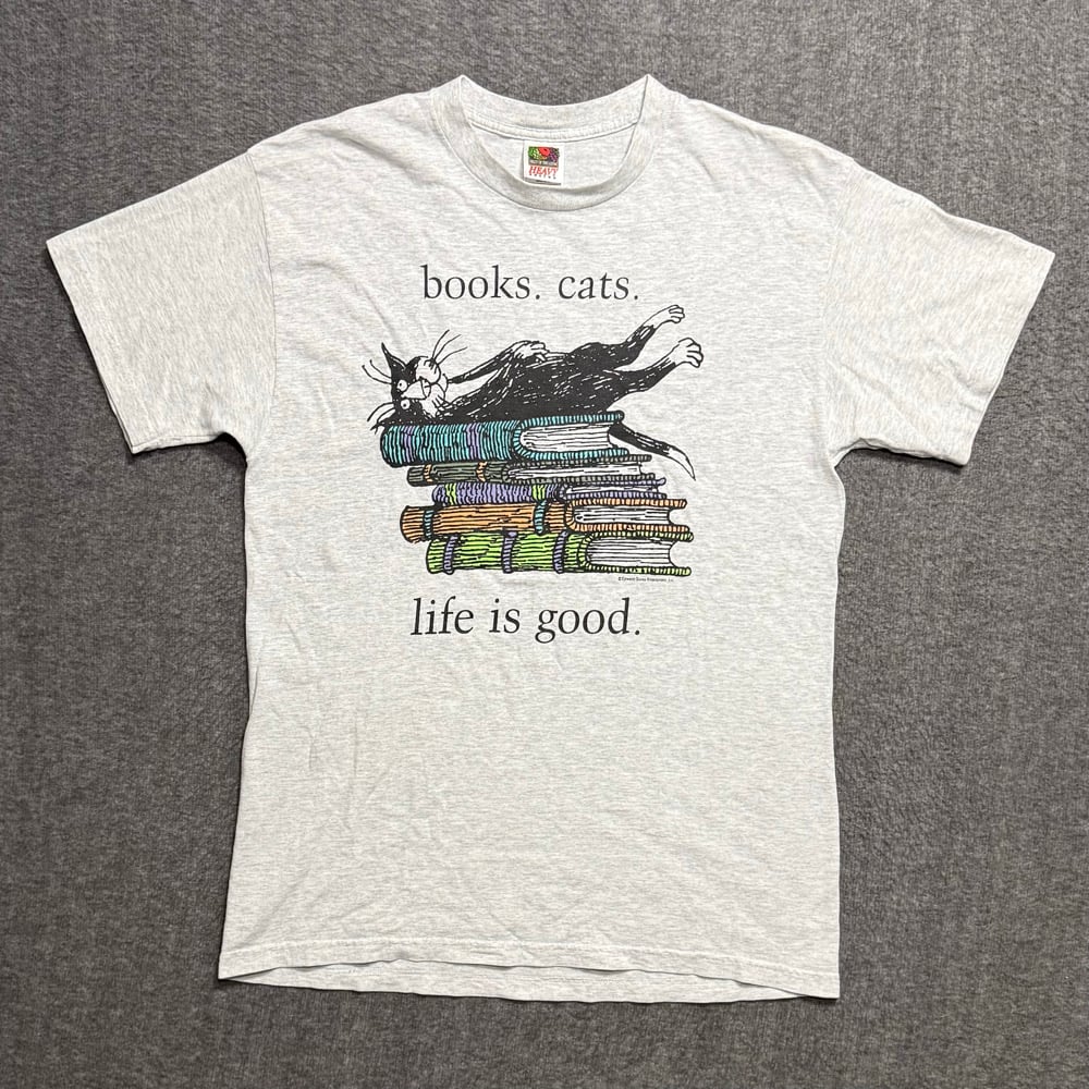 Image of 1990s Books. Cats. Life is Good Graphic Tee (L)