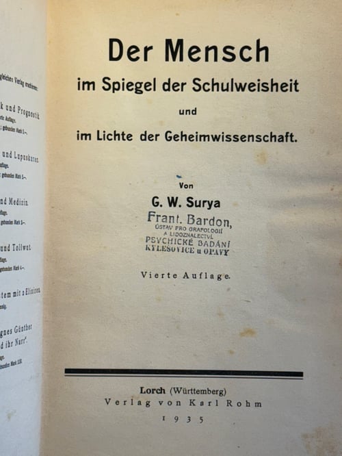 Image of Original Book from Library of Franz Bardon - Surya: Der Mensch im Spiegel (1935)