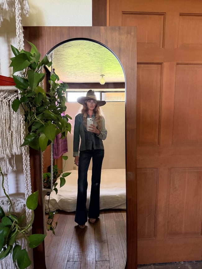 1970s denim patchwork and leather mountain magic hippie bohemian snap shirt jacket