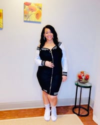 Image 2 of Curvy MVP Off Shoulder Varsity Jacket Dress