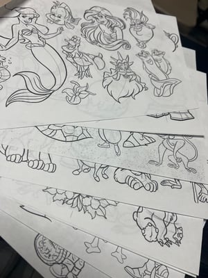 Image of 8”x10” Disney Inspired Travel Tattoo Flash Std Cardstock 10 Sheet Set w/ Lines