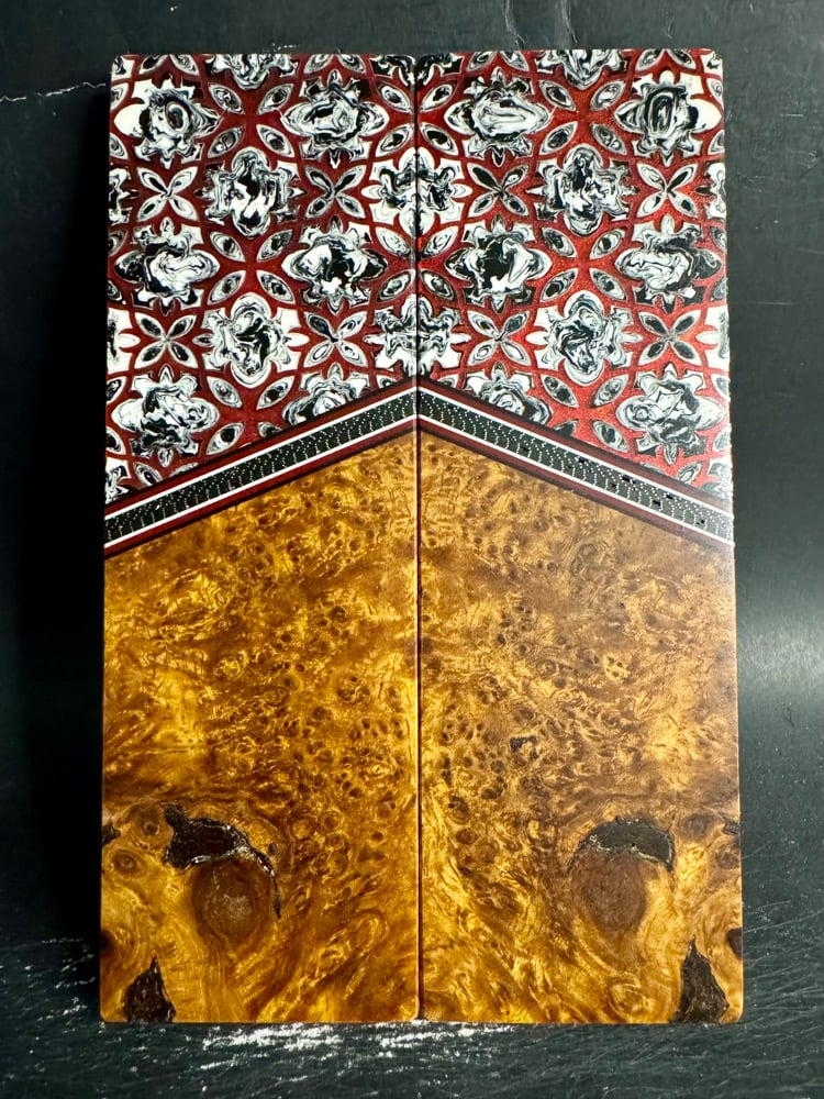 Image of @Kaoticartworks Resin & Amboyna Burl Segmented Knife Scales
